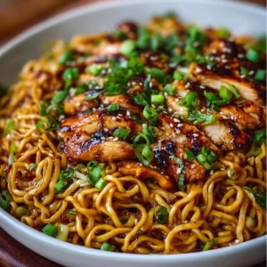 Plate of sticky garlic chicken noodles garnished with vegetables and herbs