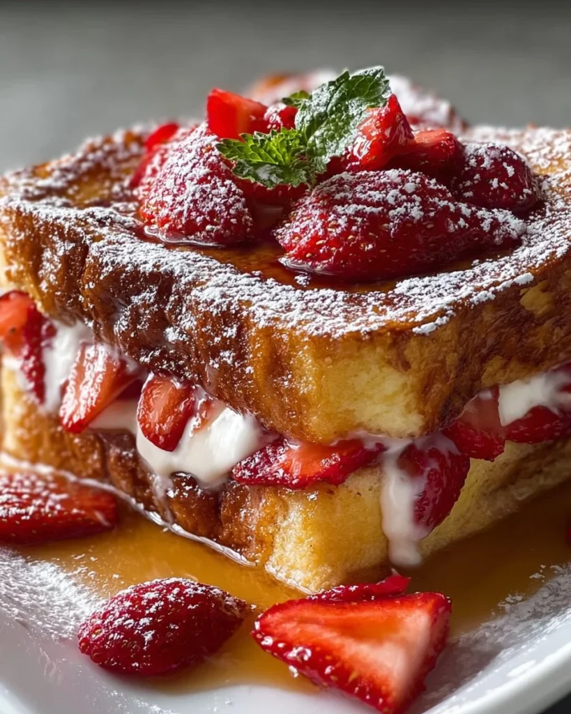 Strawberry French toast casserole topped with fresh strawberries and syrup