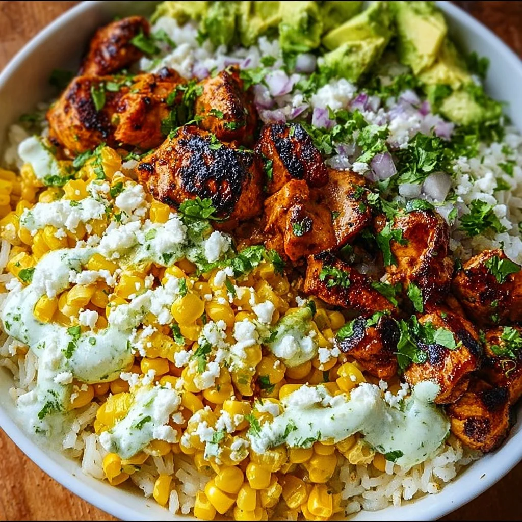 Delicious Street Corn Chicken Rice Bowl with grilled chicken and fresh corn toppings