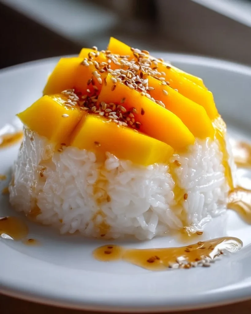 Delicious bowl of sweet mango sticky rice topped with fresh mango slices.