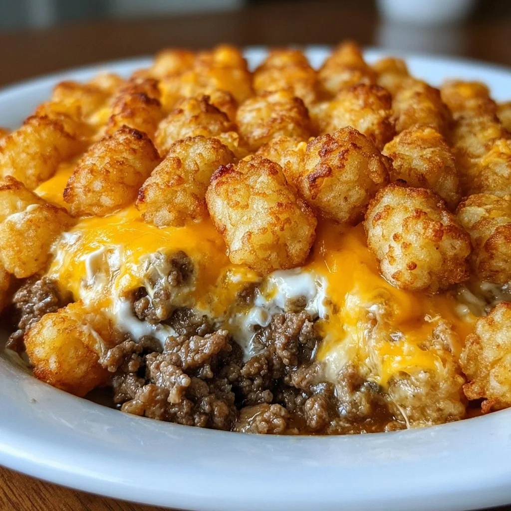 Delicious Tater Tot Casserole with Ground Beef served in a baking dish