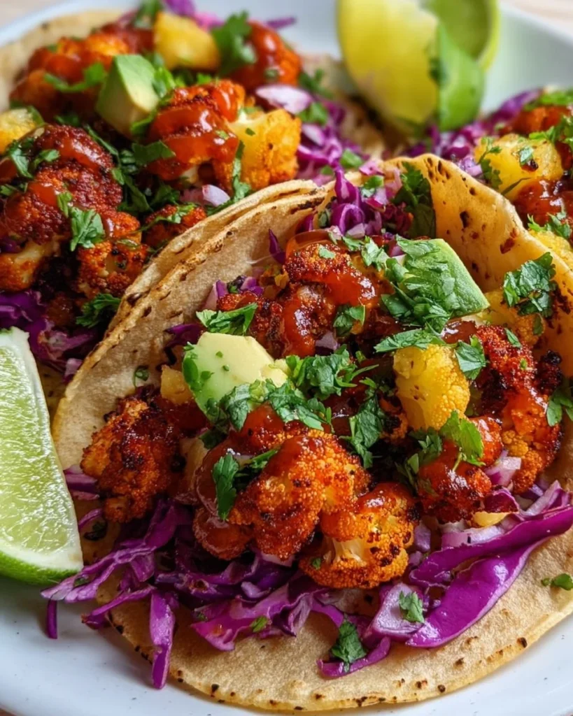 Smoky BBQ Cauliflower Tacos garnished with fresh cilantro
