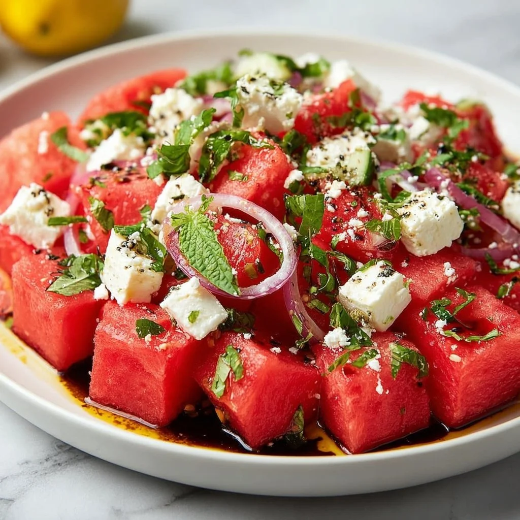 Refreshing watermelon feta salad with mint in a bowl
