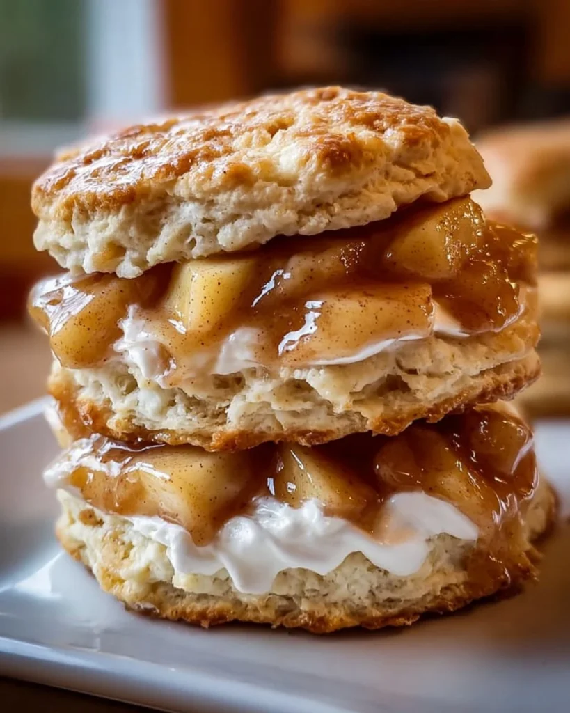 Apple pie biscuit sandwiches served on a plate with a sprinkle of cinnamon.