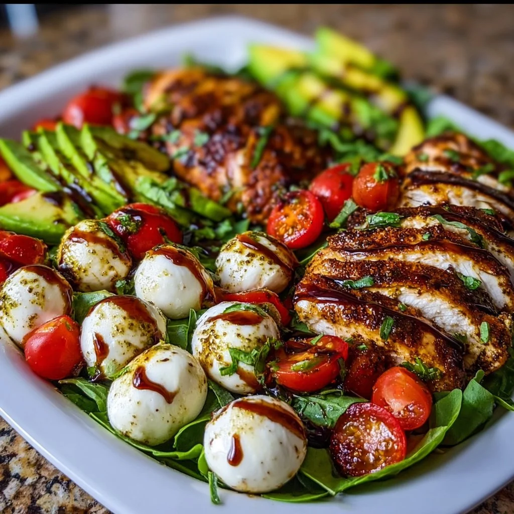 Baked marinated chicken salad with mozzarella and balsamic vinaigrette on a plate