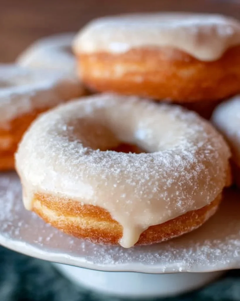 Delicious baked vanilla donuts topped with icing on a rustic table