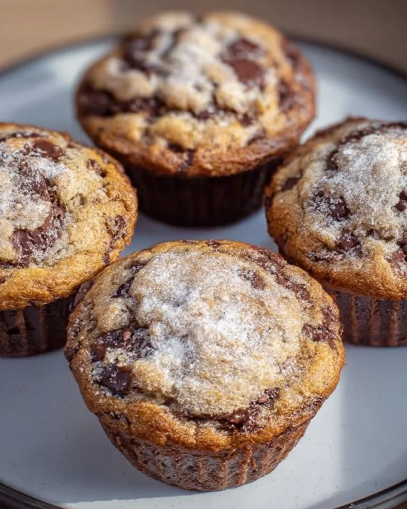 Freshly baked banana chocolate chip muffins on a cooling rack