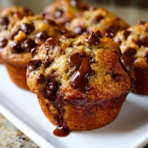 Freshly baked banana chocolate chip muffins on a wooden table