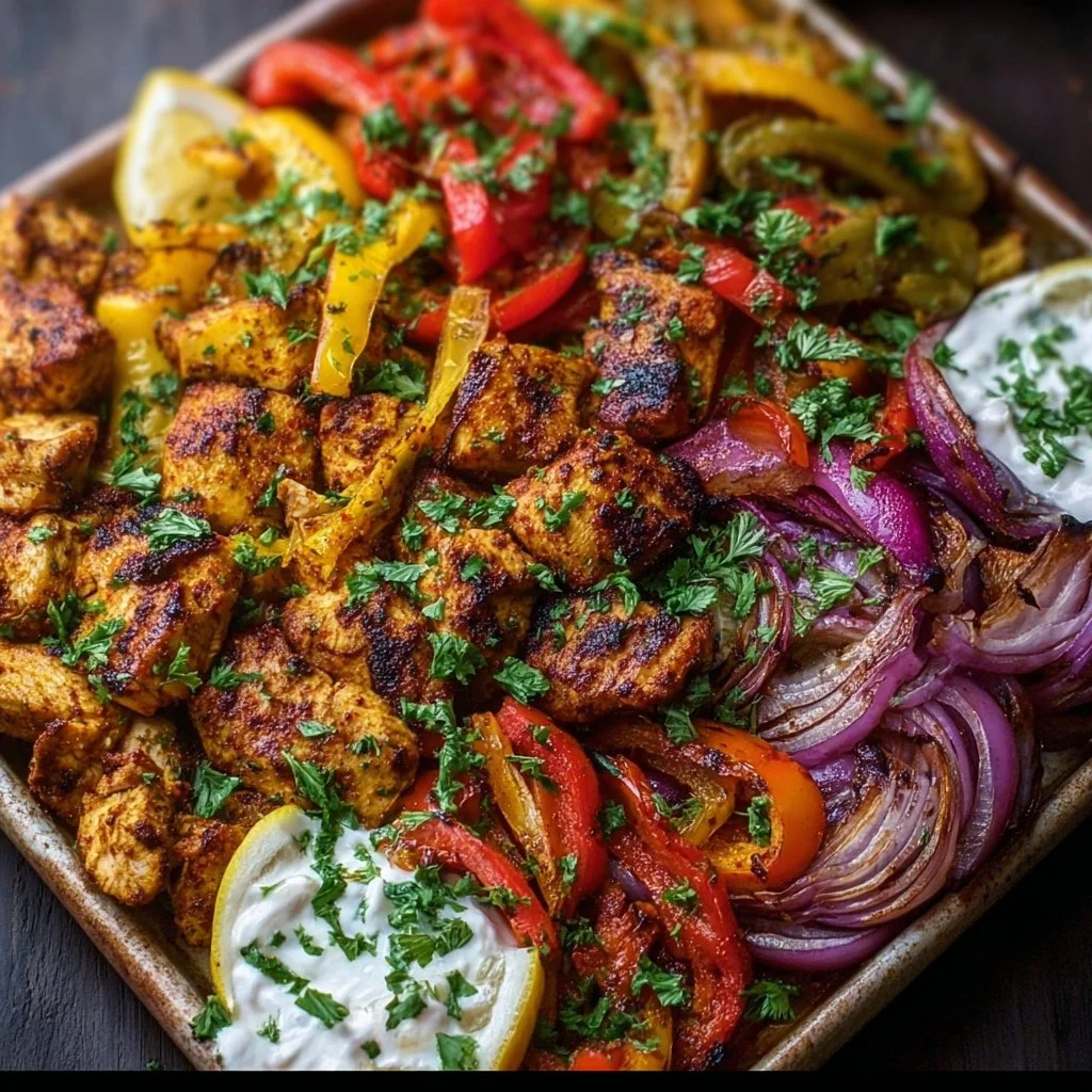 Delicious chicken shawarma sheet pan dinner with veggies and spices