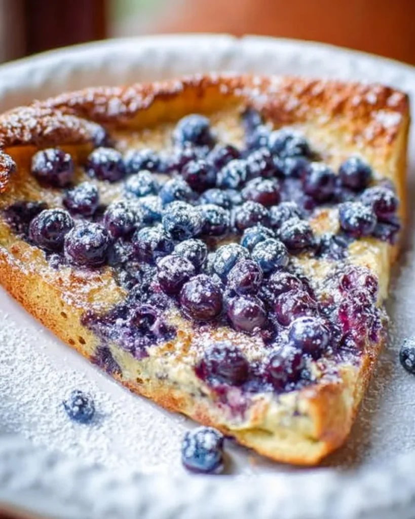 Delicious blueberry Dutch baby pancake served with fresh blueberries.