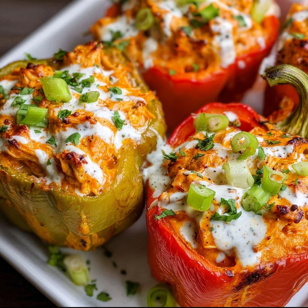 Dairy free and low carb Buffalo Chicken Stuffed Peppers with vibrant ingredients.
