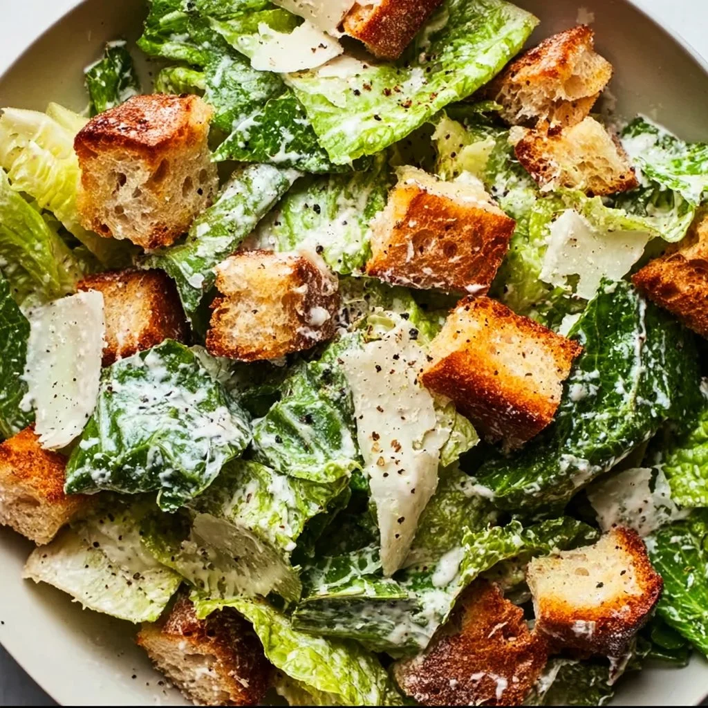 Delicious Caesar Salad with romaine lettuce, croutons, and creamy dressing