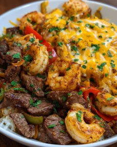 Cheesy Steak and Shrimp Skillet Bowl with melted cheese and fresh ingredients