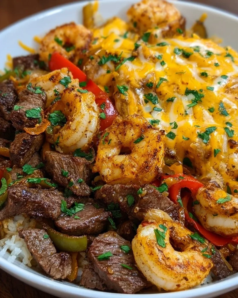 Cheesy Steak and Shrimp Skillet Bowl with melted cheese and fresh ingredients