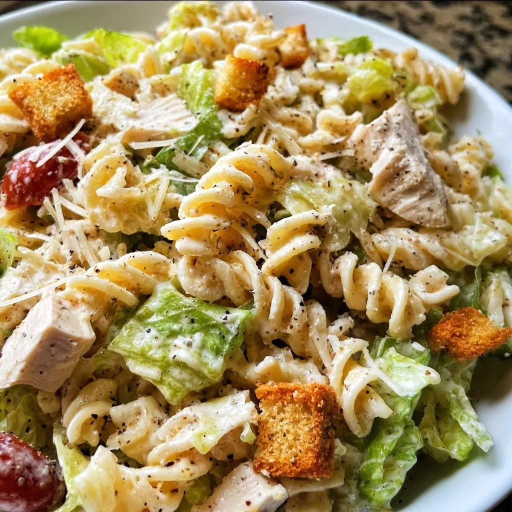 Delicious Chicken Caesar Pasta Salad garnished with romaine lettuce and parmesan.