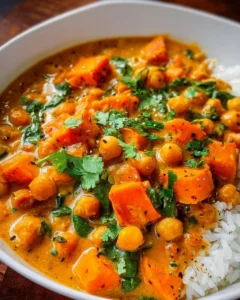 Chickpea and Sweet Potato Coconut Milk Curry in a bowl garnished with herbs