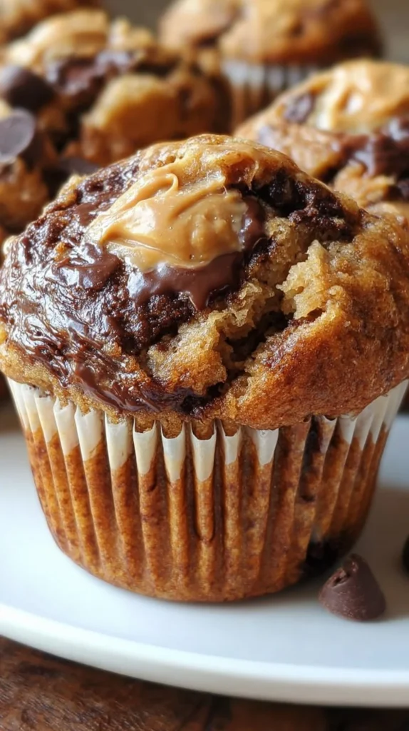 Freshly baked Chocolate Peanut Butter Banana Muffins on a cooling rack
