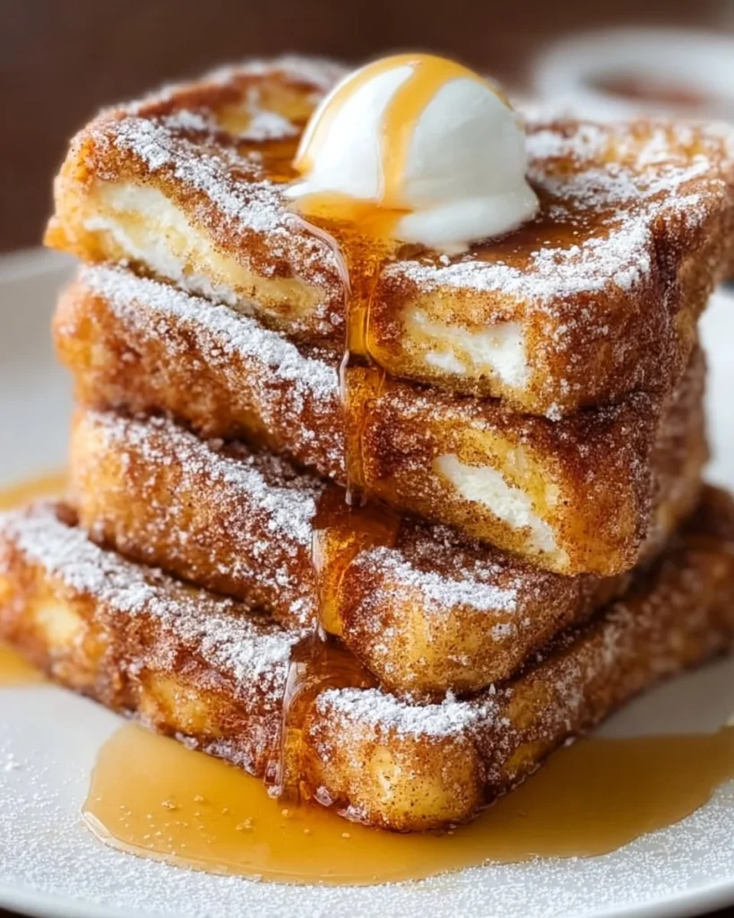 Delicious Churro French Toast topped with cinnamon sugar and whipped cream
