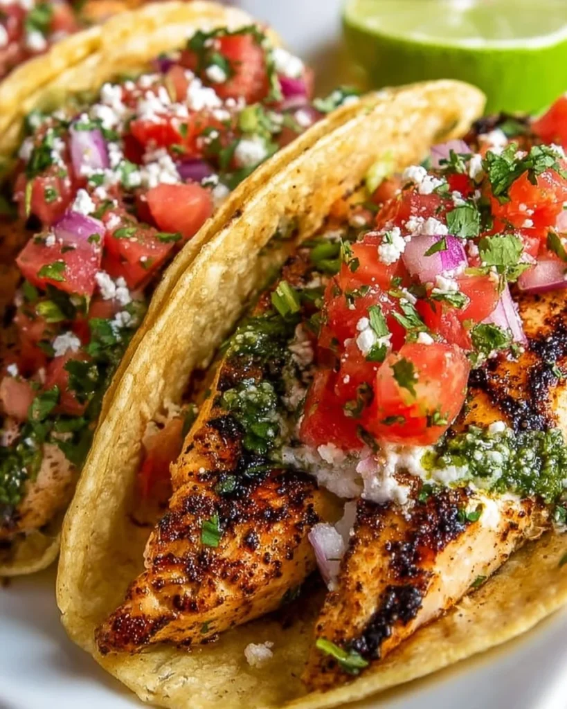 Delicious Cilantro Lime Grilled Chicken Tacos served on a plate