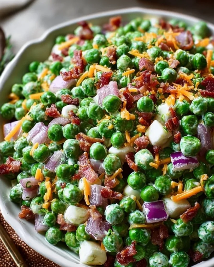 Classic pea salad with fresh peas and creamy dressing
