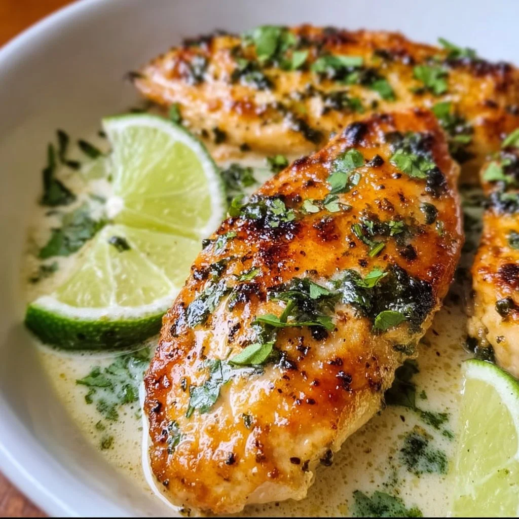 Coconut Lime Chicken served with fresh vegetables and lime slices