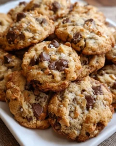 Batch of homemade Cowboy Cookies with oats, chocolate chips, and nuts