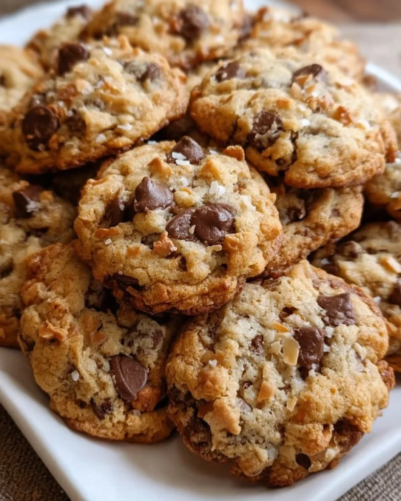 Batch of homemade Cowboy Cookies with oats, chocolate chips, and nuts