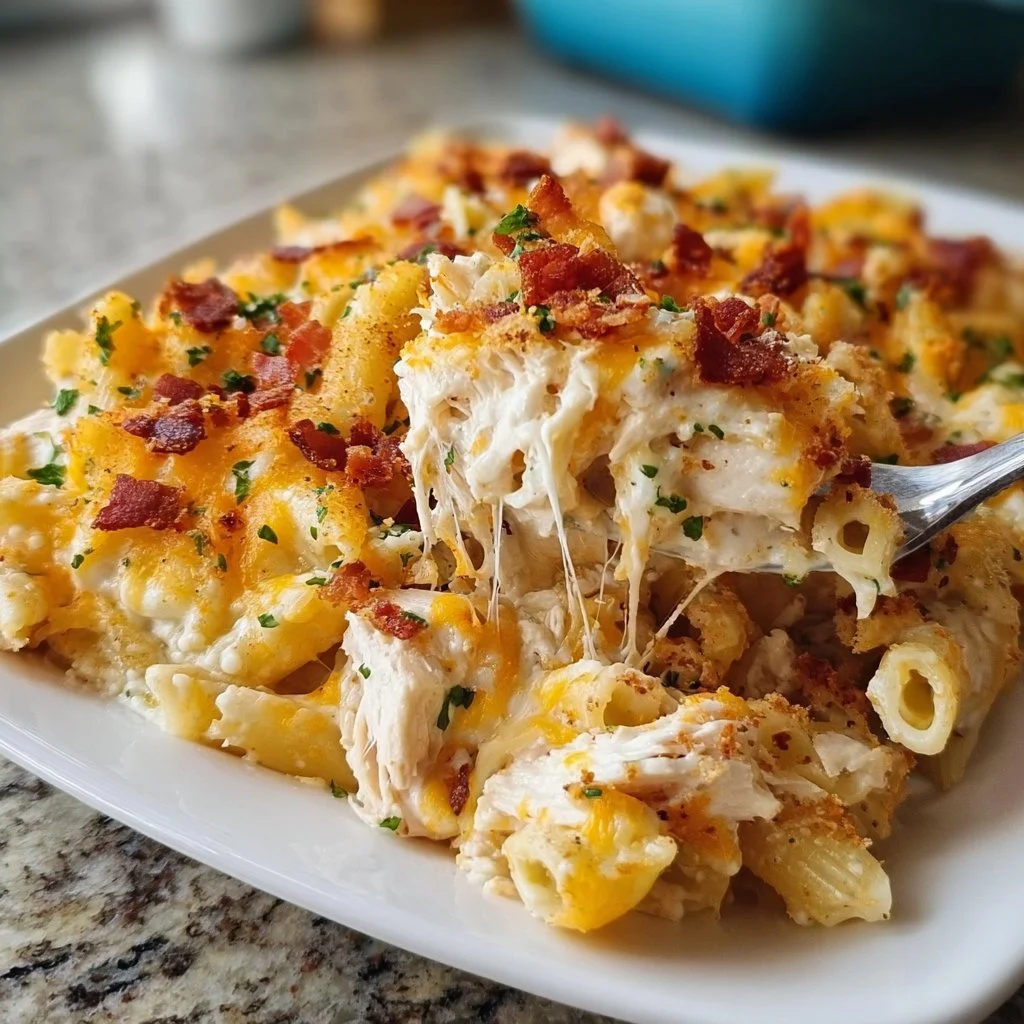 Crack Chicken Casserole served in a dish with toppings