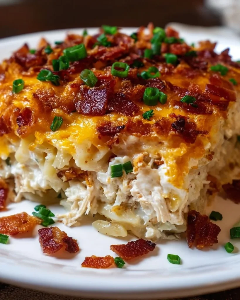 Delicious Crack Chicken Casserole topped with cheese and herbs