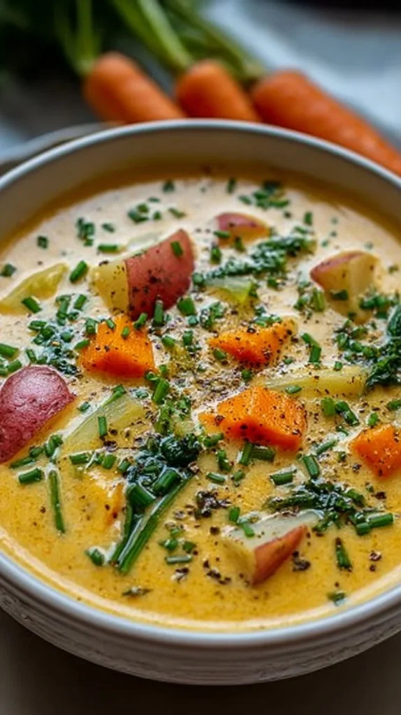 Bowl of creamy spring vegetable soup garnished with fresh herbs