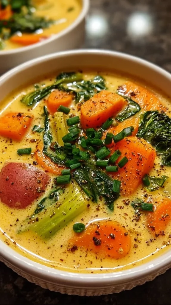 Bowl of creamy spring vegetable soup garnished with fresh herbs