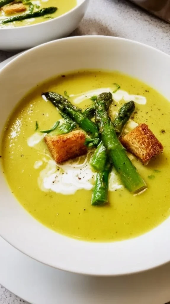 Bowl of creamy asparagus soup without cream, garnished with fresh herbs