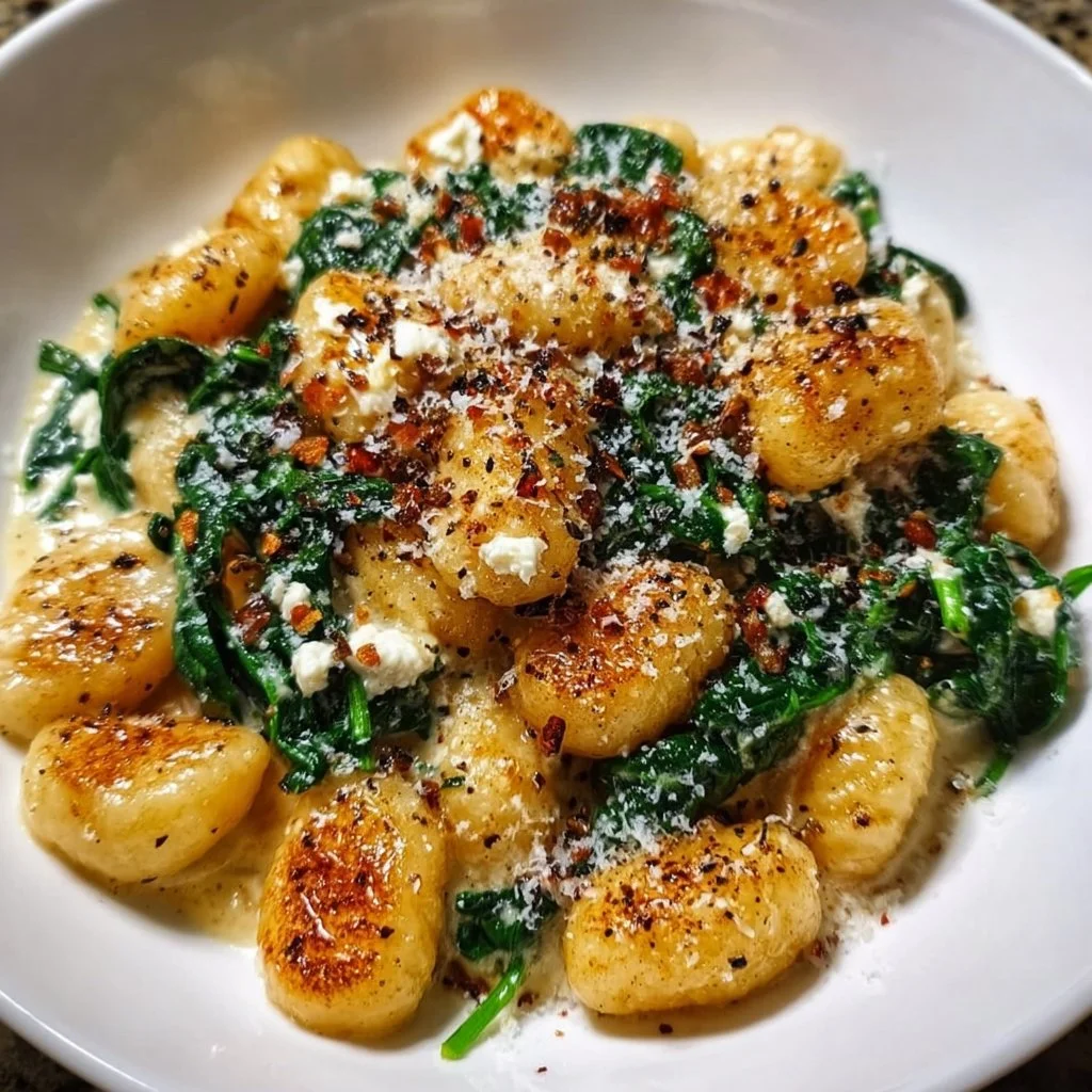 Creamy gnocchi dish featuring spinach and feta cheese
