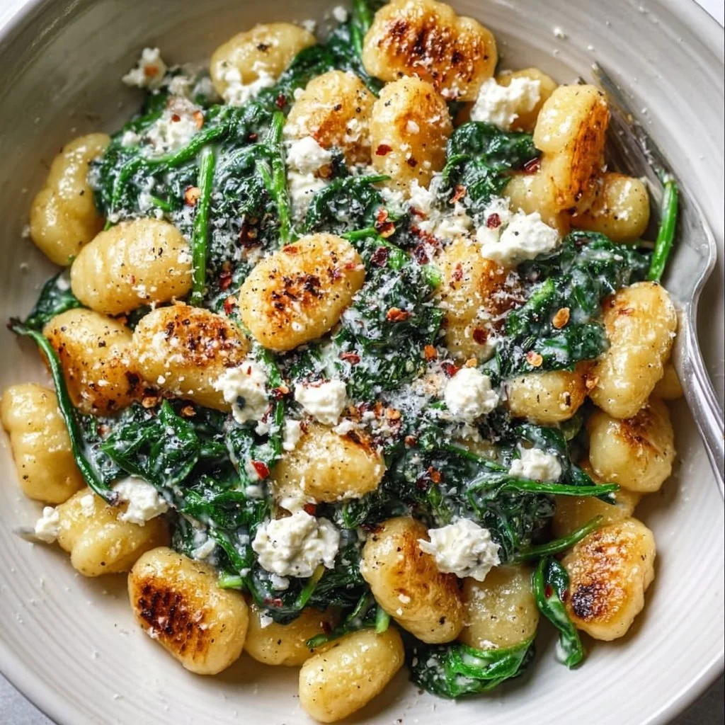 Creamy gnocchi with spinach and feta dish served in a bowl