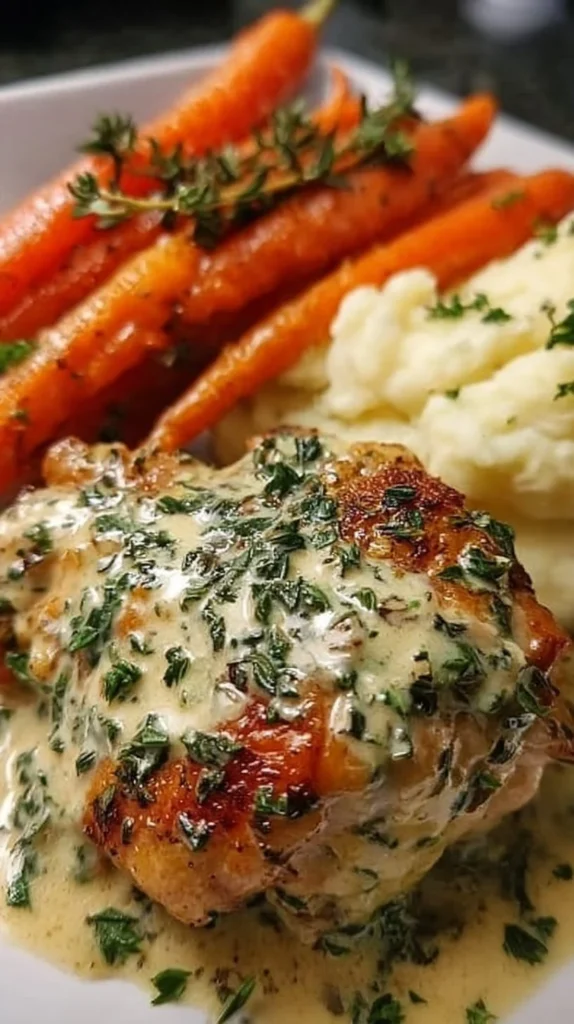 Creamy Herb Chicken served with mashed potatoes and honey glazed carrots