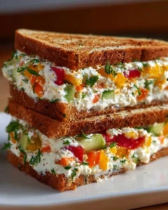 Creamy hung curd sandwich filled with fresh vegetables and herbs