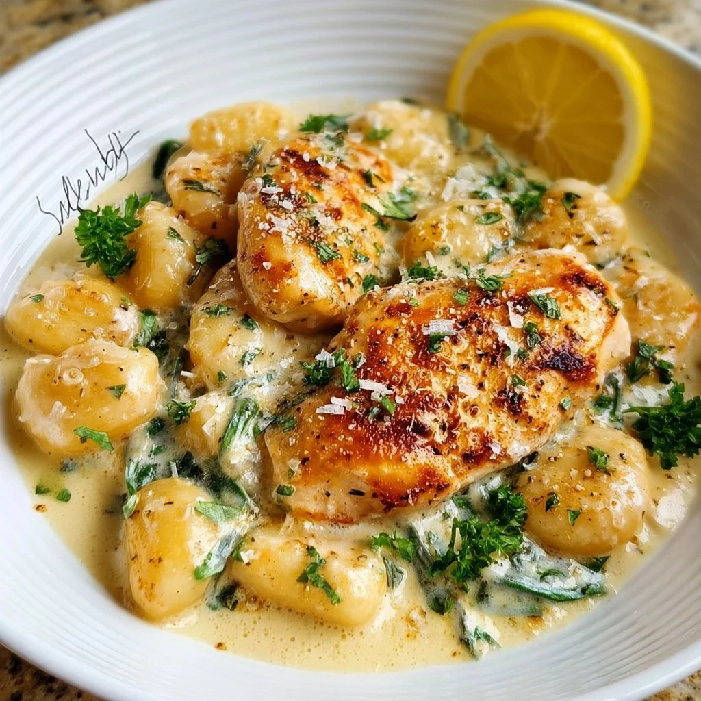 Creamy Lemon Parmesan Chicken Gnocchi served in a bowl with lemon slices
