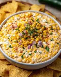 Delicious creamy Mexican corn dip served in a bowl with tortilla chips.