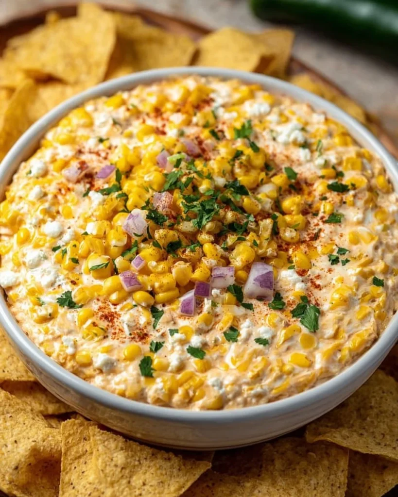 Delicious creamy Mexican corn dip served in a bowl with tortilla chips.