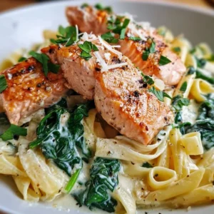 Creamy salmon pasta dish garnished with herbs and served with a lemon wedge.