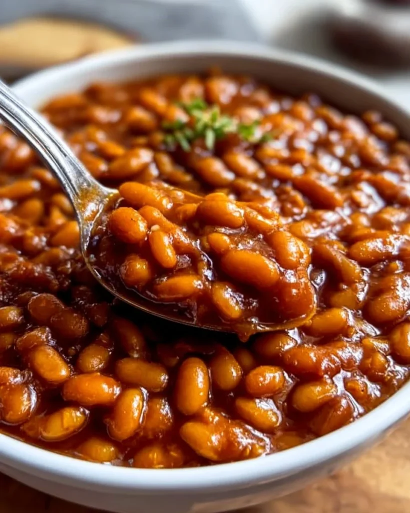 Delicious crockpot baked beans in a bowl, served warm with spices.