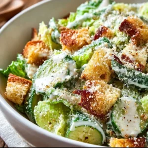 Cucumber Caesar Salad with fresh ingredients and creamy dressing