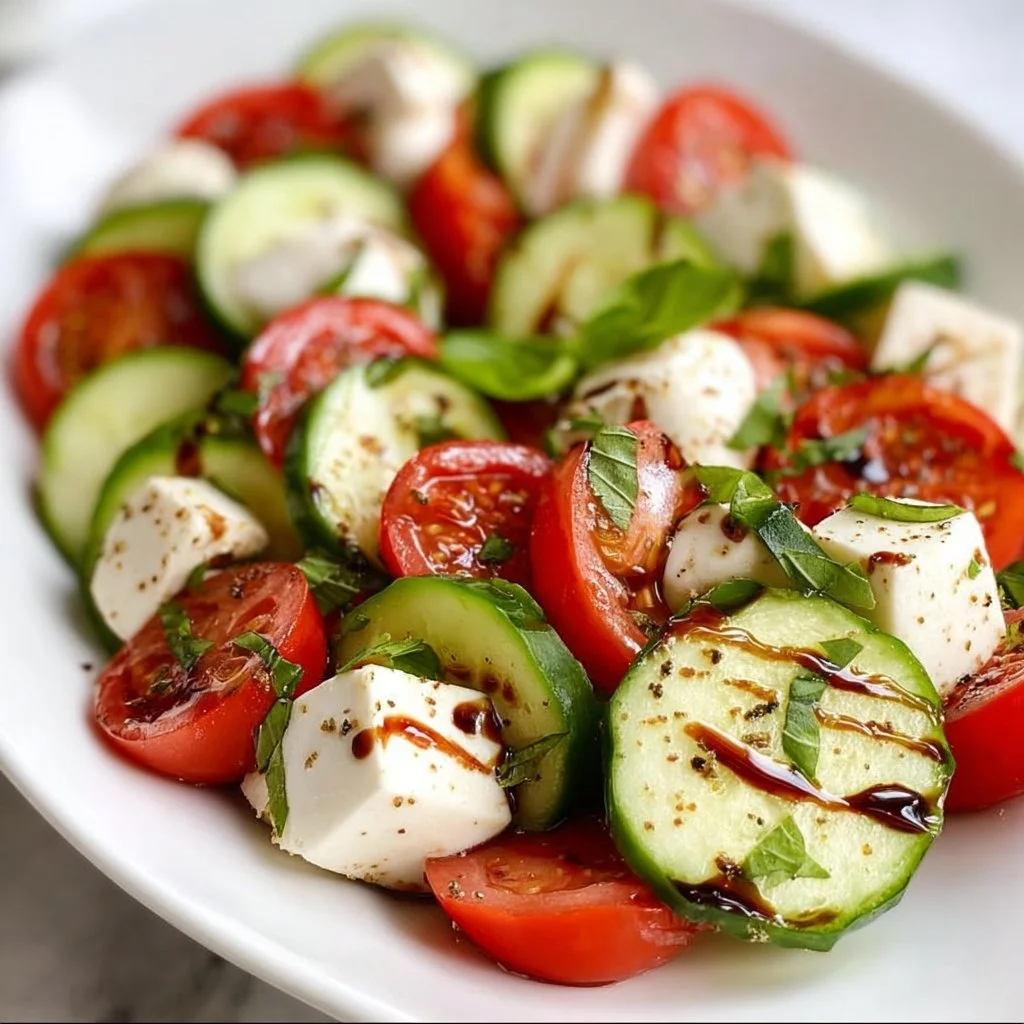 Cucumber Caprese Salad with fresh mozzarella, basil, and cherry tomatoes