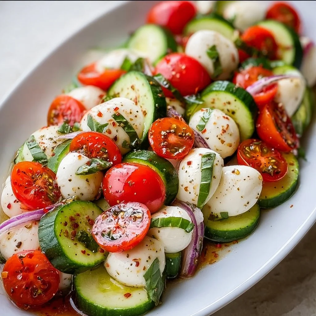 Fresh Cucumber Caprese Salad with tomatoes, mozzarella, and basil