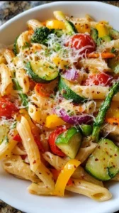 A vibrant dish of delicious Pasta Primavera with fresh vegetables