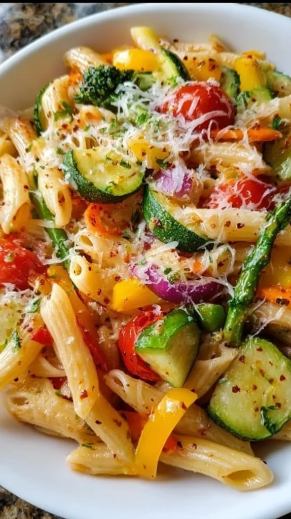 A vibrant dish of delicious Pasta Primavera with fresh vegetables