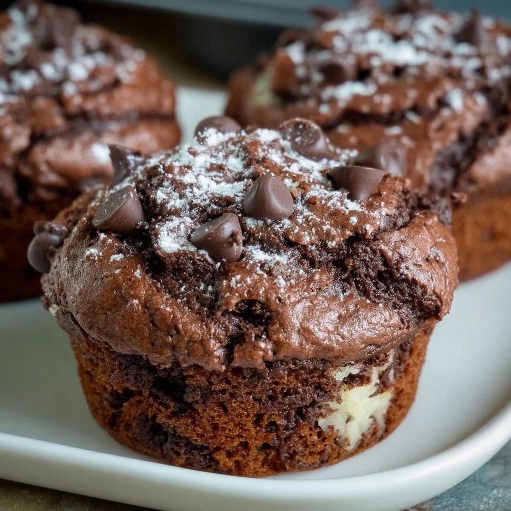 Double chocolate cheesecake muffins with creamy filling and chocolate chips.