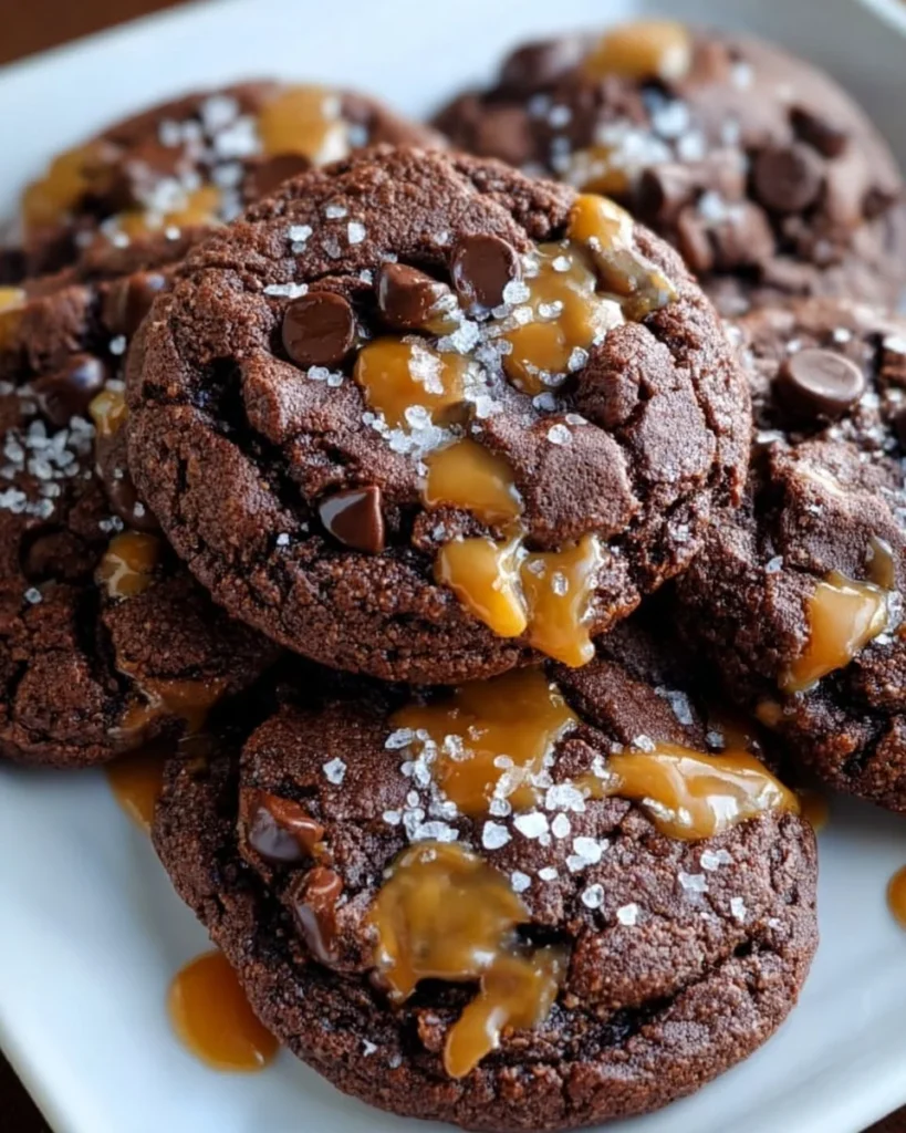 Delicious double chocolate salted caramel cookies on a baking tray