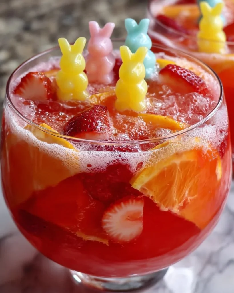 Colorful Easter Bunny Punch in a glass with decorative Easter eggs