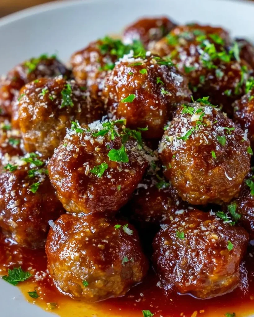 Plate of easy crockpot meatballs simmered in a rich sauce.